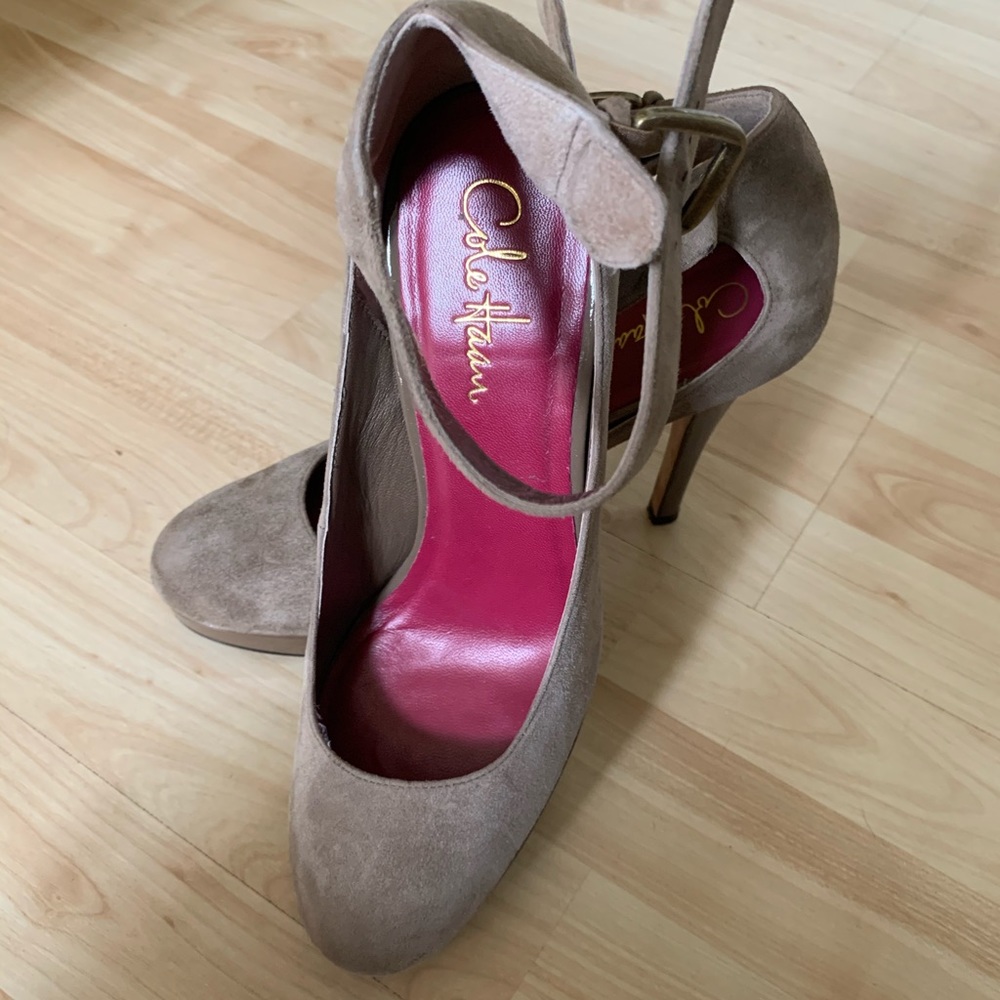 Cole Haan tan suede platform ankle strap heel